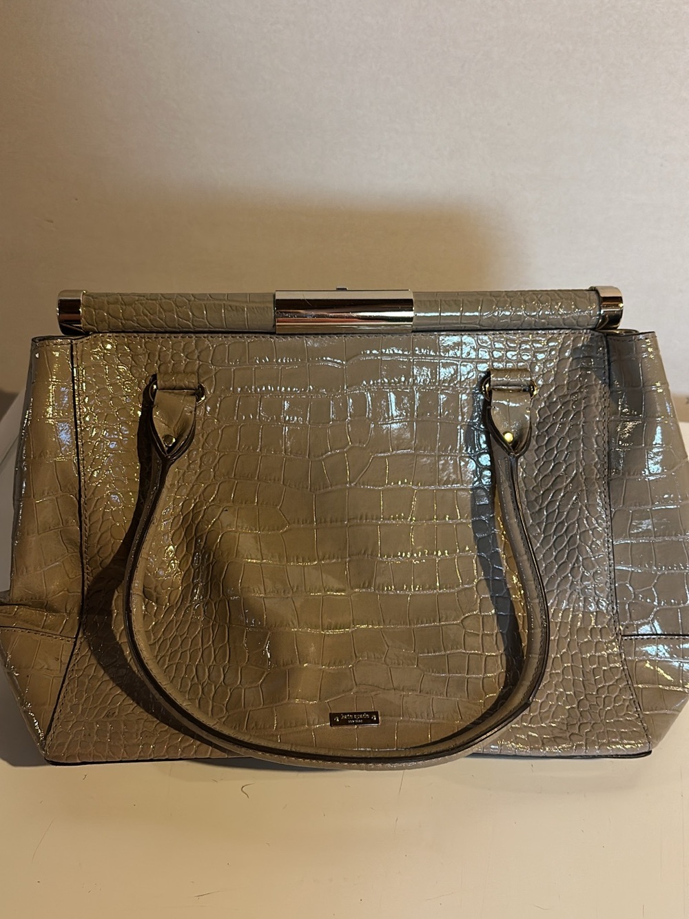 kate spade Shimmery Croc-Embossed Satchel in Taupe
